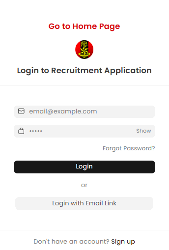 Nigerian Army Recruitment portal sign in page