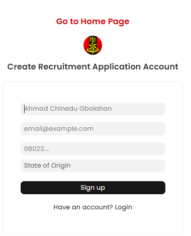 Nigerian Army Recruitment portal sign up page